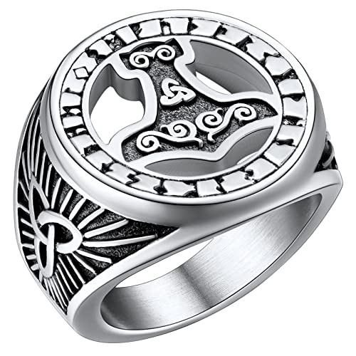 Anillos Nórdicos Vintage para Hombres y Mujeres Martillo de Thor Mjolnir Anillo Ancho Banda Acero Inoxidable 316L Talla 12 Joyería Vintage Familia Cuervo Odín Runas Alfabeto