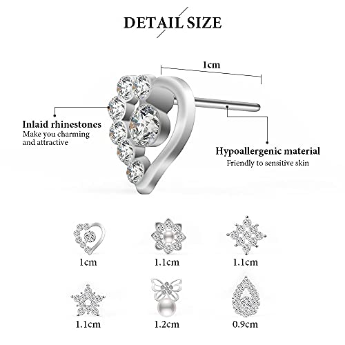 Aucuu Pendientes de Plata de ley 925 Para Mujeres y Niñas, 6 Pares de Pendientes de Perlas de Cristal Artificial, Pendientes Circonita Cúbica Pequeños de Cartílago, Regalo de San Valentin