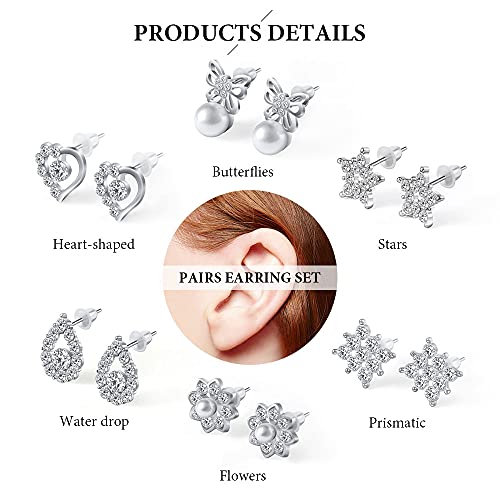 Aucuu Pendientes de Plata de ley 925 Para Mujeres y Niñas, 6 Pares de Pendientes de Perlas de Cristal Artificial, Pendientes Circonita Cúbica Pequeños de Cartílago, Regalo de San Valentin