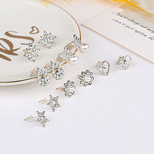 Aucuu Pendientes de Plata de ley 925 Para Mujeres y Niñas, 6 Pares de Pendientes de Perlas de Cristal Artificial, Pendientes Circonita Cúbica Pequeños de Cartílago, Regalo de San Valentin