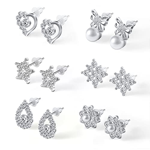 Aucuu Pendientes de Plata de ley 925 Para Mujeres y Niñas, 6 Pares de Pendientes de Perlas de Cristal Artificial, Pendientes Circonita Cúbica Pequeños de Cartílago, Regalo de San Valentin