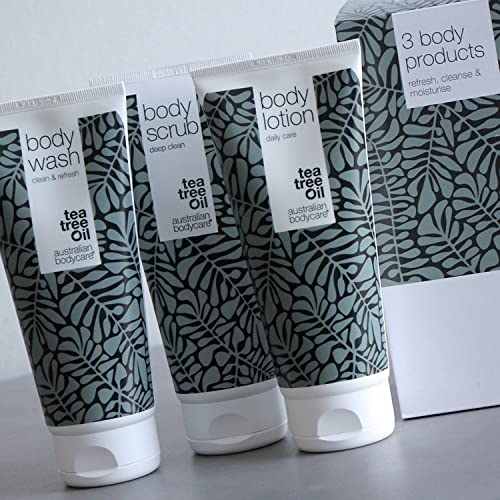 Australian Bodycare I Set de 3 Productos Corporales para Manchas y Puntos Negros en la Espalda y Glúteos I Kit Tea Tree Oil para Acné I Específicamente adecuado para prevenir problemas de la piel