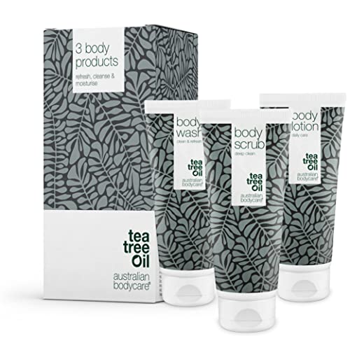 Australian Bodycare I Set de 3 Productos Corporales para Manchas y Puntos Negros en la Espalda y Glúteos I Kit Tea Tree Oil para Acné I Específicamente adecuado para prevenir problemas de la piel