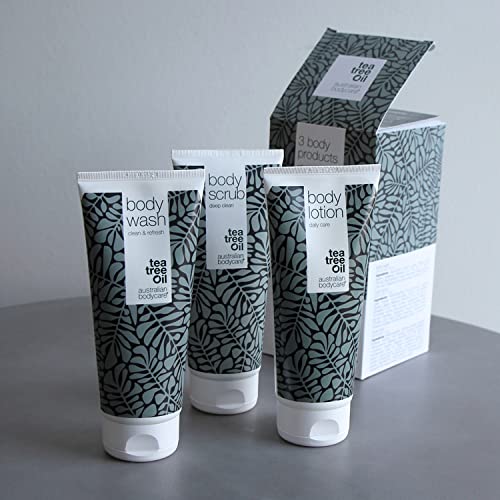 Australian Bodycare I Set de 3 Productos Corporales para Manchas y Puntos Negros en la Espalda y Glúteos I Kit Tea Tree Oil para Acné I Específicamente adecuado para prevenir problemas de la piel