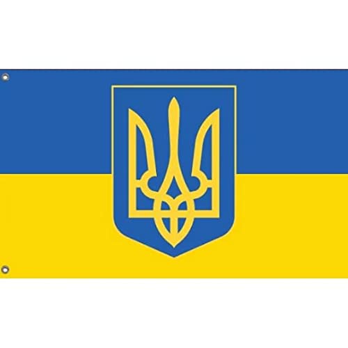 Bandera de Ucrania con escudo | Impresión de diseño único (90 x 150 cm)