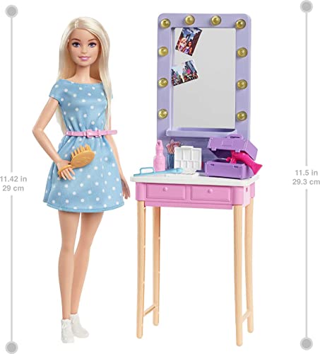 Barbie Malibú y su Backstage Muñeca rubia con set de juego y accesorios de belleza de juguete, regalo para niñas y niños +3 años (Mattel GYG39)