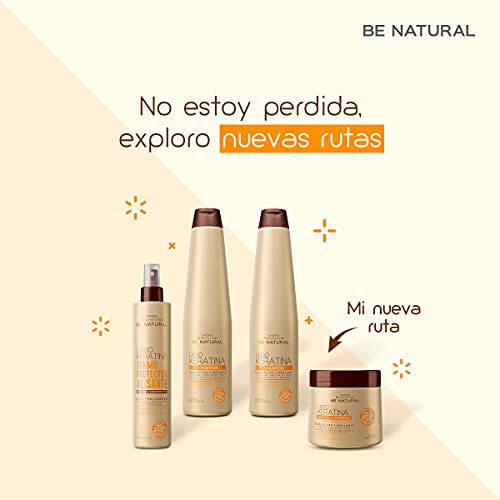 BE NATURAL Pack Champú, Acondicionador, Mascarilla Y Termoprotector Lisso Keratina, Ca-bello Alisado O Con Encrespamiento, color Multicolor. Ingredientes naturales.