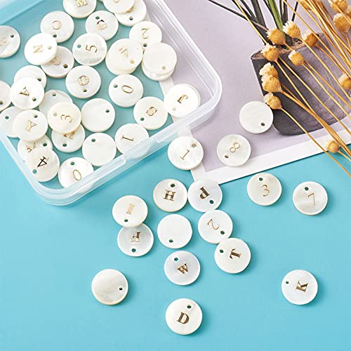 Beadthoven - 92 colgantes de concha de agua dulce, redondos, blancos y redondos con bloqueo de oro, número 0 a 9 y colgantes alfabetos, cuentas de conchas marinas para hacer joyas, agujero: 1,5 mm