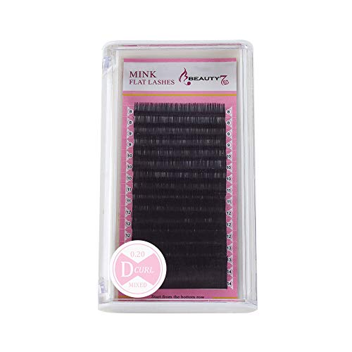Beauty7 Mix Extensiones de Pestañas Postizas Natural D Curl 0.20mm Redondo Ordinario Suave Pestañas Individuales Plano Negro 8mm-14mm