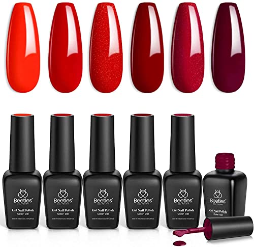 Beetles Esmaltes Semipermanentes de Uñas en Gel, juego de geles de esmalte de uñas de 6 colores 7.5 ml, se seca bajo lámpara UV/LED manicura rojo brillante regalo San Valentín para mujeres y hombres