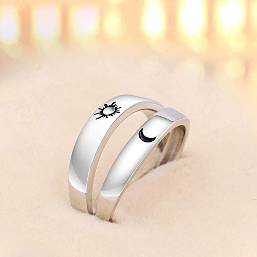 Beydodo 1 Par Anillo Pareja Ajustable Plata de Ley Redondo Grabado Luna Sol Anillos de Compromiso de Plata