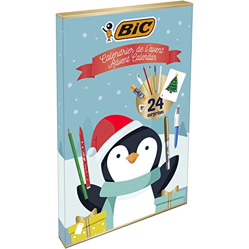 BIC Calendario Adviento, 24 artículos, 2 Cristal Fun/Lápiz Fluo/6 Ceras/6 Magic Felt/3 Marcadores/Pegamento/Goma/2 Mini 4 Colores/24 Tarjetas/20 Adhesivos