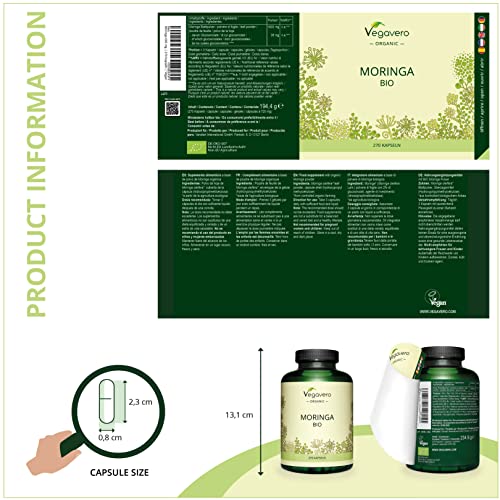 BIO Moringa Oleifera Vegavero® | Dosis Alta: 1800 mg | 270 Cápsulas | Superfood: Proteínas, Vitaminas, Minerales y Omega 3 | Antioxidante | Libre de Aditivos | Vegana | Superalimentos