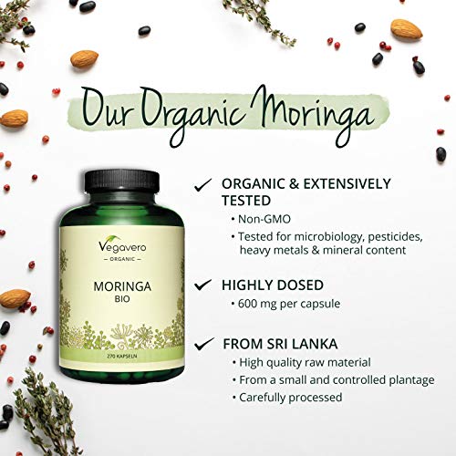 BIO Moringa Oleifera Vegavero® | Dosis Alta: 1800 mg | 270 Cápsulas | Superfood: Proteínas, Vitaminas, Minerales y Omega 3 | Antioxidante | Libre de Aditivos | Vegana | Superalimentos