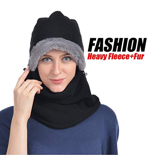 Black Winter Hats for Women Fleece Balaclava Hood Thermal Womens Balaclavas Ear Warmers Ski Face Cover Mask Neck Protective Headgear Cap Snowboard Weather Outdoor Fashion Gifts Ladies Men Warm Hat