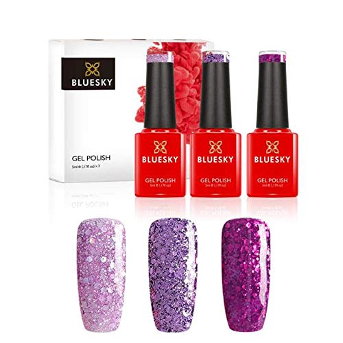 Bluesky Juego de esmaltes de uñas de gel navideño, confeti púrpura, Purple Dream Blz48, Purple Diamond Dc004, Secret Santa 63901, Glitter 3 x 5 ml, (requiere curado bajo lámpara UV o LED)