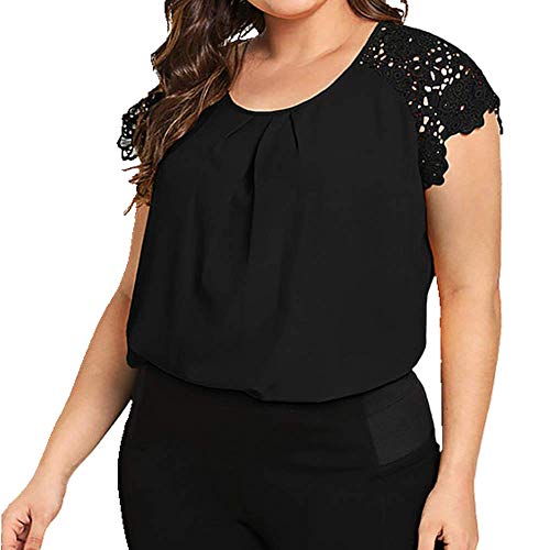 Blusa para mujer, talla grande, cuello redondo, encaje floral, camisas de hombro, talla grande, para mujer Negro Negro ( XXL