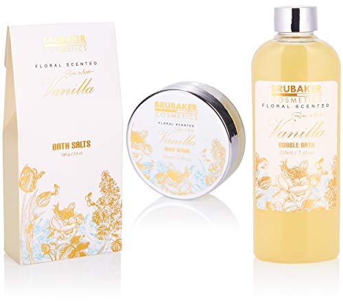 BRUBAKER Cosmetics Set de baño y ducha vainilla - set de regalo de 7 piezas en una bañera decorativa