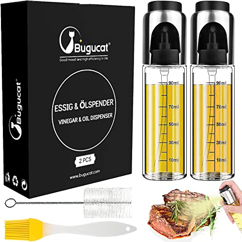Bugucat Pulverizador Aceite 2 PCS,Spray Aceite Cocina para Freidora de Aire 100ML Aceitera y Vinagre Vaporizador Aceitera Cristal,Premium Acero Inoxidable Botella para Cocinar,Ensalada,Hornear Pan,BBQ