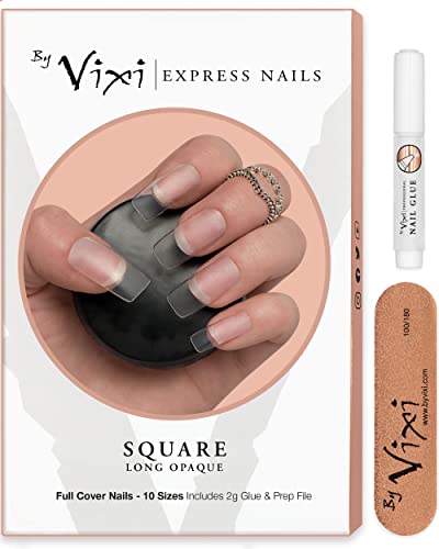 By Vixi 500 uds SET DE UÑAS LARGO CUADRADO. LIMA DE Y PREPARACIÓN PEGAMENTO Y GRATIS, 10 tamaños - de uñas postizas exprés de cobertura total Transparente. Profesionales de salón y uso doméstico