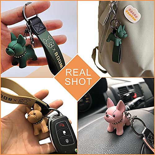 Bymivofun 3 Pieza Llavero De Bulldog, Mini Lindo Dibujo Animado Kawaii Con Colgante De Perro Encantador, Correa De Cuero, Llavero Portátil Para Bolso (Negro, caqui, rosa)
