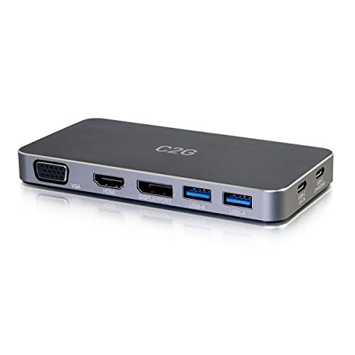 C2G Estación de Acoplamiento USB-C con HDMI, DisplayPort, VGA, USB-A 3.0 y USB-C Hub. Vídeo, Audio Múltiples Pantallas Cromado