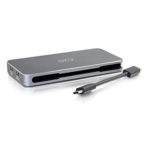 C2G Estación de Acoplamiento USB-C con HDMI, DisplayPort, VGA, USB-A 3.0 y USB-C Hub. Vídeo, Audio Múltiples Pantallas Cromado