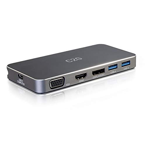 C2G Estación de Acoplamiento USB-C con HDMI, DisplayPort, VGA, USB-A 3.0 y USB-C Hub. Vídeo, Audio Múltiples Pantallas Cromado