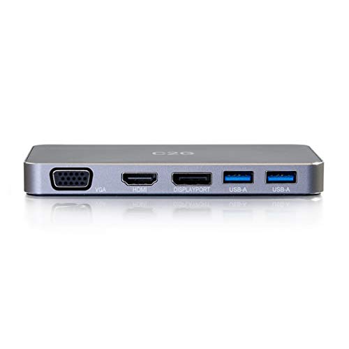 C2G Estación de Acoplamiento USB-C con HDMI, DisplayPort, VGA, USB-A 3.0 y USB-C Hub. Vídeo, Audio Múltiples Pantallas Cromado