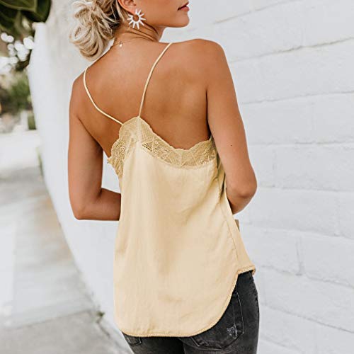 Camisetas Mujer SHOBDW Top De Satén De Seda Verano Playa Camisola Tops De Chaleco Liso con Tiras Sexy Blusa De Las Señoras Camisetas Sin Mangas Casuales Cami Tops para Mujeres(Beige,L)