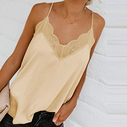 Camisetas Mujer SHOBDW Top De Satén De Seda Verano Playa Camisola Tops De Chaleco Liso con Tiras Sexy Blusa De Las Señoras Camisetas Sin Mangas Casuales Cami Tops para Mujeres(Beige,L)