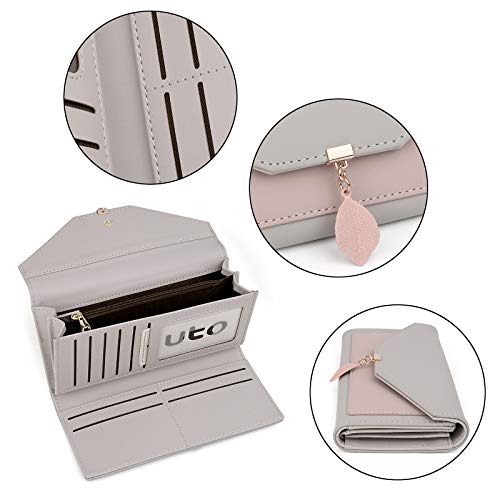 Cartera de Mujer Dama - UTO Cartera Grande Plegable de Cuero Sintético Monedero con Hoja Adorno Colgante Chica Niña para Regalo