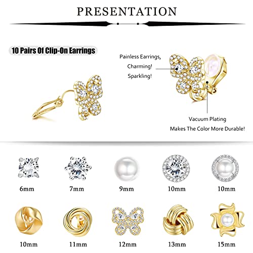 CASSIECA 10 Pares Pendientes Clip para Mujeres Niñas Pendiente Perla Flor Hipoalergénico Set Pendientes Clip Mujer Sin Agujero