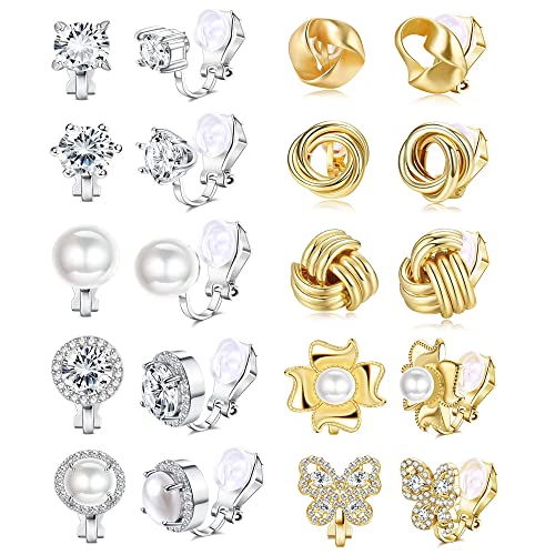 CASSIECA 10 Pares Pendientes Clip para Mujeres Niñas Pendiente Perla Flor Hipoalergénico Set Pendientes Clip Mujer Sin Agujero
