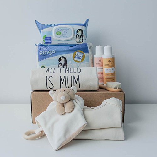 Cesta bebé ecológica unisex - Incluye cosméticos para bebé naturales, cepillo natural, doudou mantita, ropa bebé 100% orgánica y más productos de puericultura.