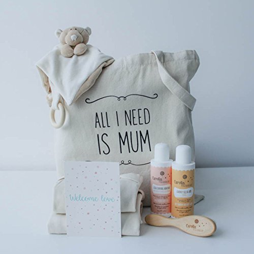 Cesta bebé ecológica unisex - Incluye cosméticos para bebé naturales, cepillo natural, doudou mantita, ropa bebé 100% orgánica y más productos de puericultura.