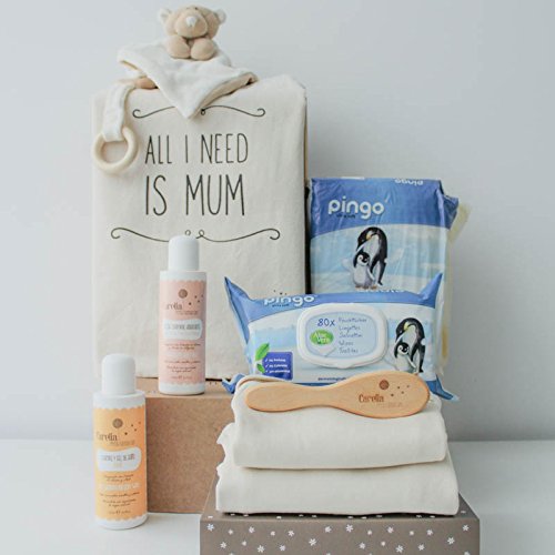 Cesta bebé ecológica unisex - Incluye cosméticos para bebé naturales, cepillo natural, doudou mantita, ropa bebé 100% orgánica y más productos de puericultura.
