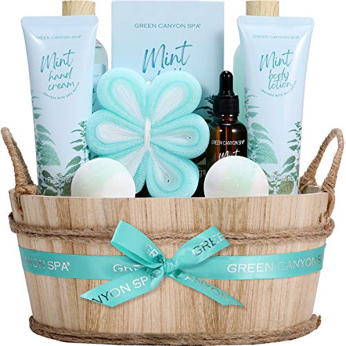 Cestas Regalo Mujer, Green Canyon Spa Regalos Mujer 11 Piezas Aroma de Menta Orgánica Gel de Ducha, Bombas de Baño, Crema de Manos, Loción Corporal Cestas Regalo Spa para Navidad Cumpleaños Festival
