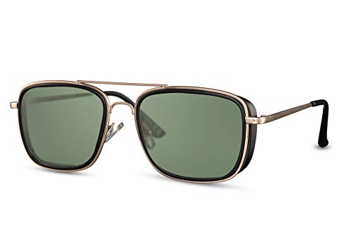 Cheapass Gafas de Sol Doradas Metal Piloto con Solapas Laterales y Lentes Verdes Protección UV400 para Hombres