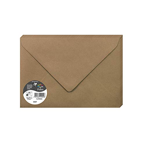 Clairefontaine 29002C - Un paquet de 20 enveloppes Pollen gommées 16,2x22,9 cm 120g, Kraft brun
