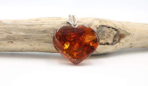 Colgante de corazón de ámbar, color coñac con lazo de plata de ley 925, ámbar báltico, joyería de ámbar
