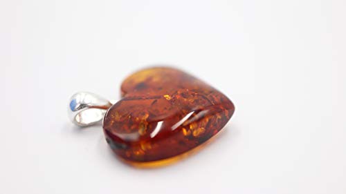 Colgante de corazón de ámbar, color coñac con lazo de plata de ley 925, ámbar báltico, joyería de ámbar