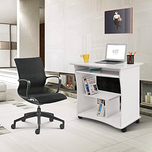 COMIFORT Mesa de Ordenador con Bandeja Extraíble – Escritorio Robusto y Espacioso, Estilo Moderno y Minimalista, Capacidad Almacenaje, Estante y Ruedas, Color Blanco
