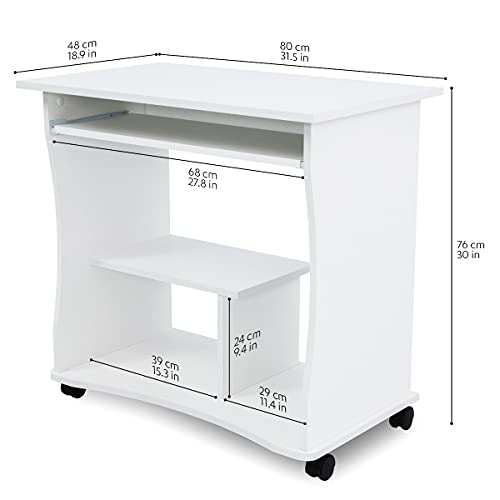 COMIFORT Mesa de Ordenador con Bandeja Extraíble – Escritorio Robusto y Espacioso, Estilo Moderno y Minimalista, Capacidad Almacenaje, Estante y Ruedas, Color Blanco