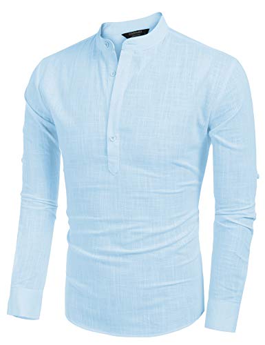 COOFANDY Camiseta de manga larga para hombre, algodón y lino, estilo hippie, azul, XL