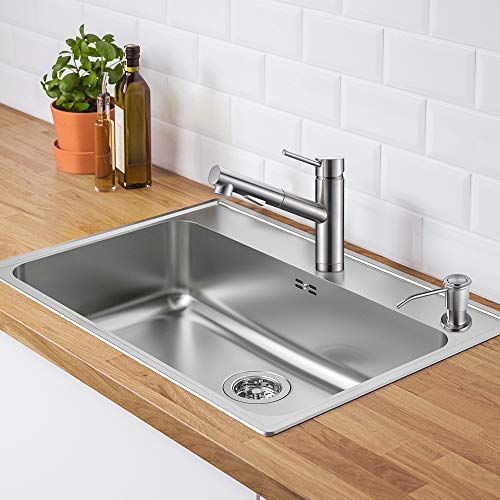CREA Dispensador de Jabón de Cocina, Dispensador de Detergente de Cocina, Dispensador de jabón para Fregadero con Botella de 500 ml y Manguera de Extensión de 1,0 m, Acero Inoxidable