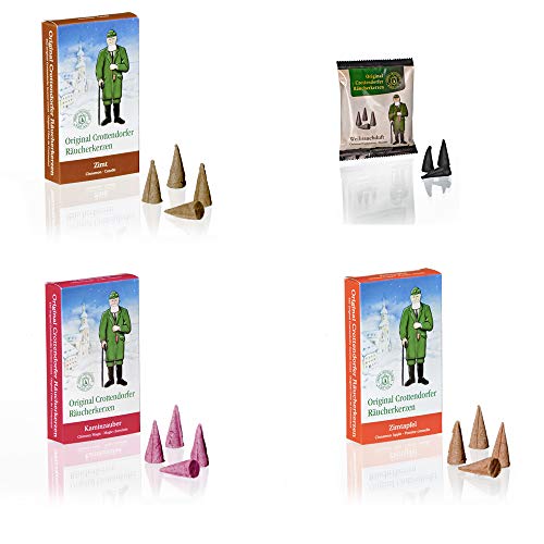 Crottendorfer Räucherkerzen Juego de 3 – canela + canela + magia de chimenea – 72 unidades – Tamaño: M – con pequeño paquete de muestras de incienso navideño (5 unidades) – Fabricado en Alemania