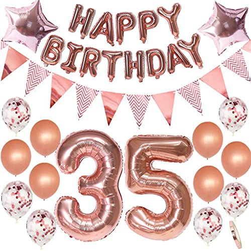 Decoración de cumpleaños para mujer, oro rosa, 35 años, 35 años, globos gigantes