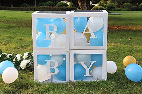 Decoraciones de fiesta de cumpleaños para baby shower para niños y niñas - 4 cajas de globos transparentes blancas con letras A - Z, cajas de globos para baby shower, revelación de género