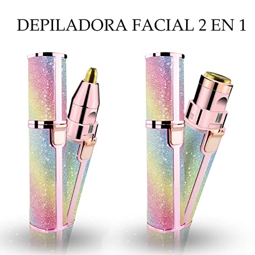 Depiladora Facial para Mujer de Viaje 2 en 1 | Eliminador Vello Facial Flawless Sin Dolor | Depila Cejas, Nariz y Labios | Afeitadora Eléctrica Bolsillo Recargable USB con Luz LED Para Mujer
